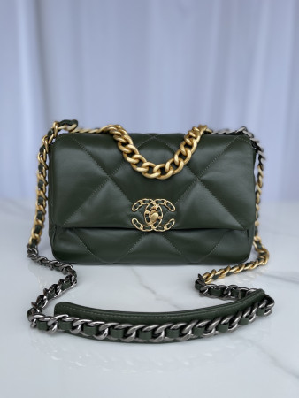 Ch*el 19 handbag shiny leather, gold-tone, silver-tone & ruthenium-finish metal dark green 6.2 × 10.1 × 3.5 in