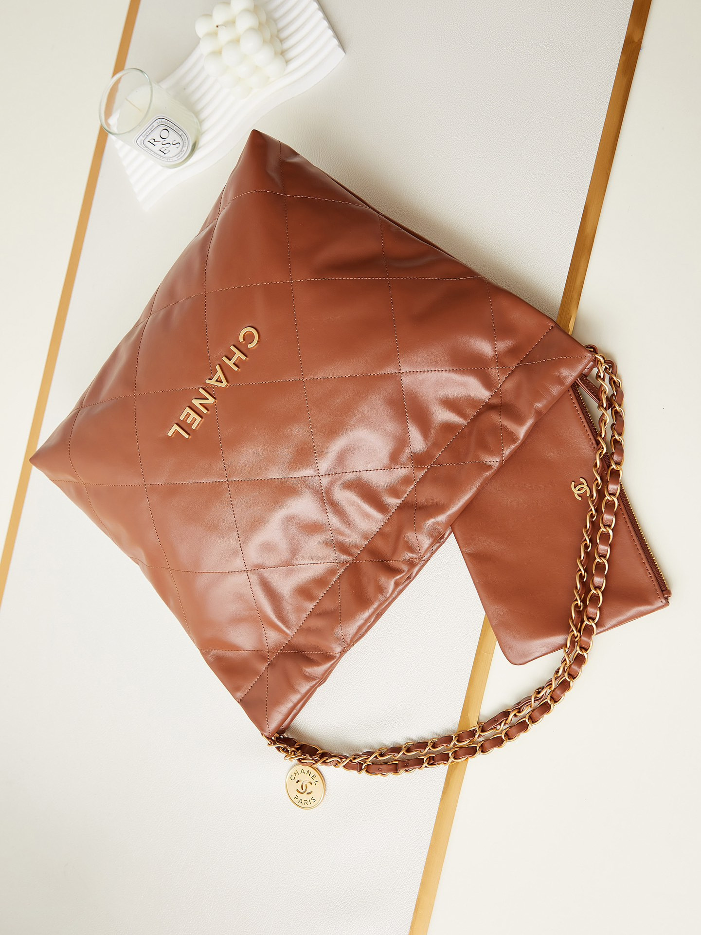 Ch*el 22 small handbag shiny calfskin brown 13.7×14.4×2.7 in