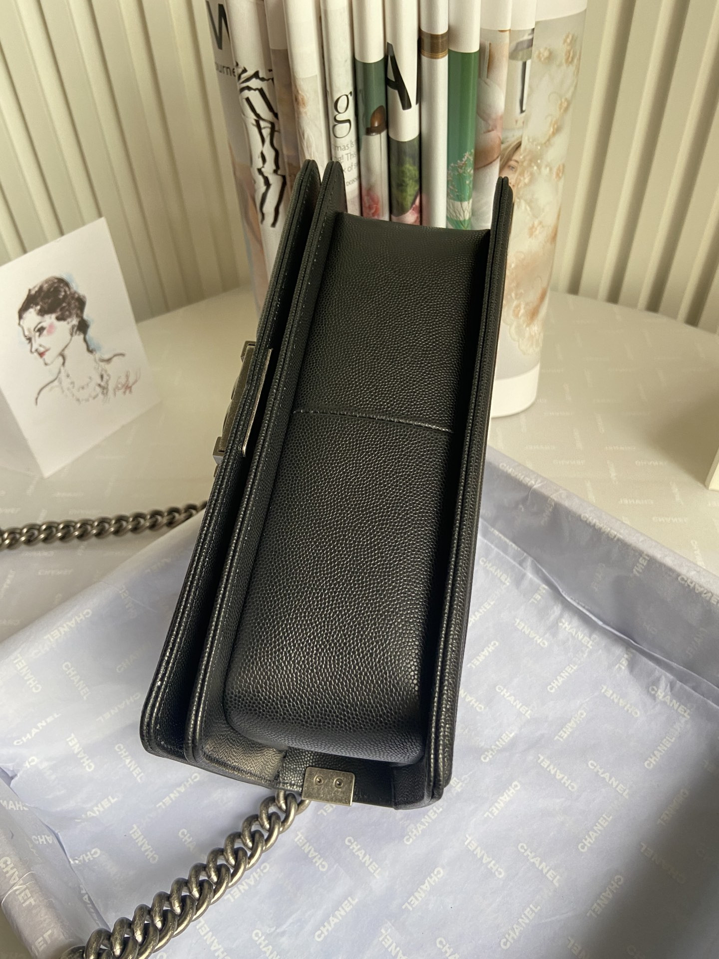 boy Ch*el handbag shiny grained calfskin 5.9 × 9.8 × 3.5 in