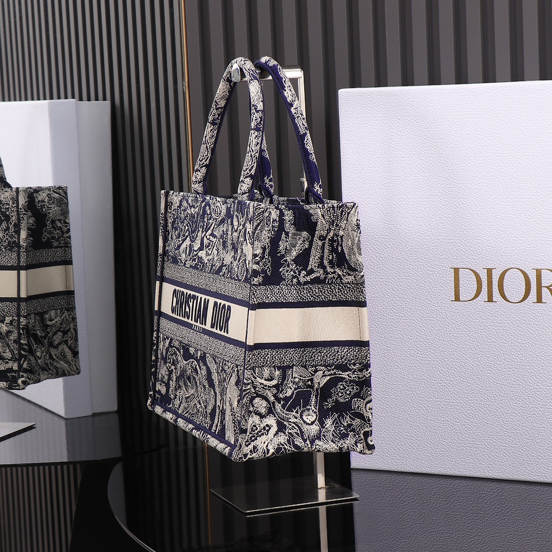 medium D*or book tote  blue and ecru toile de jouy reverse embroidery 14 x 11 x 6.5 inches