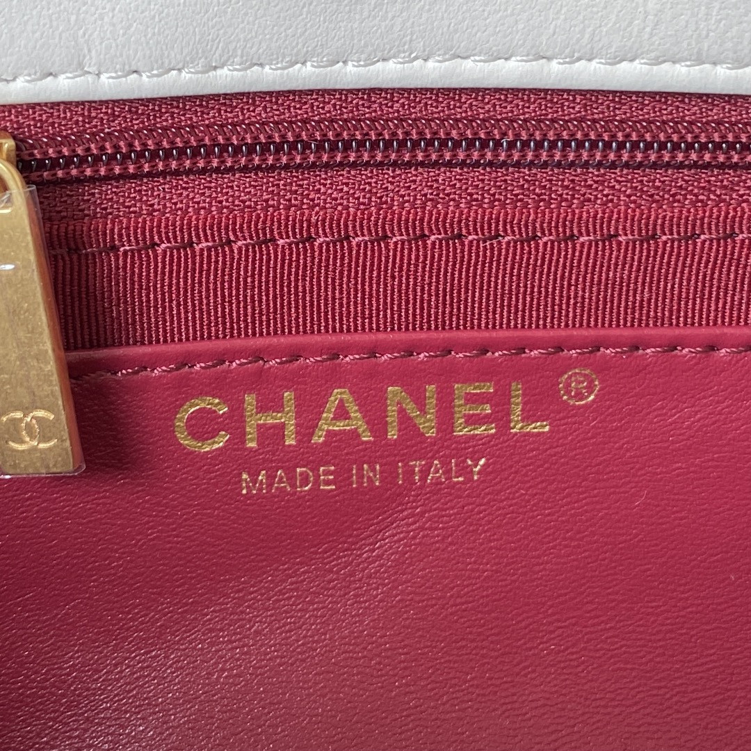 Ch*el small classic handbag grained shiny calfskin & gold-tone metal white 5.7 × 9 × 2.3 in