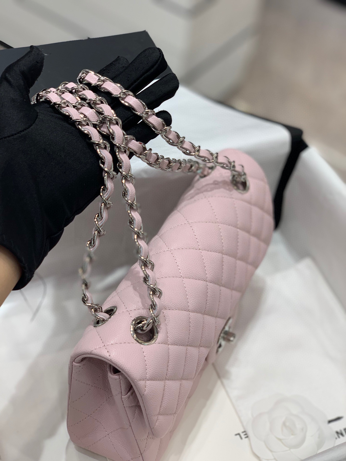 Ch*el classic handbag grained calfskin & silver-tone metal pink 6 × 9.9 × 2.5 in