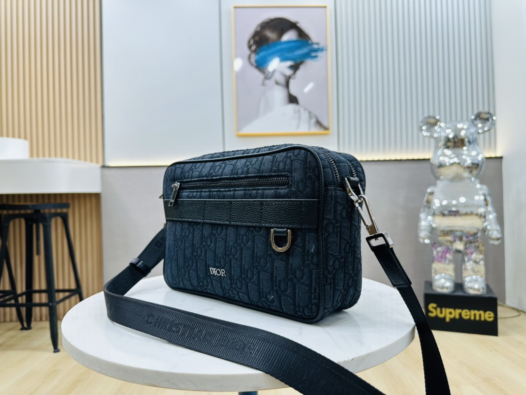 D*or maxi safari bag with strap blue D*or oblique jacquard 10 x 6.5 x 3 inches