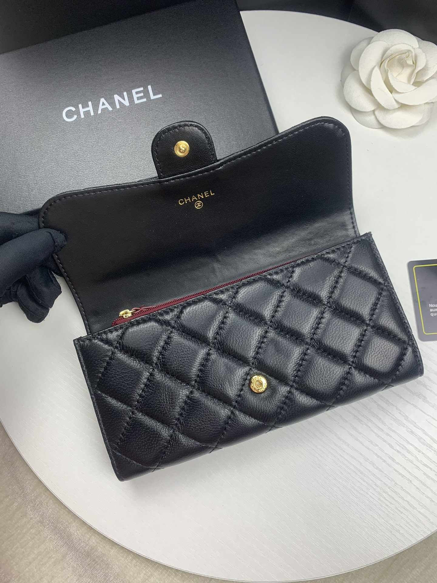 Ch*el flap wallet black 19.5 x10 cm