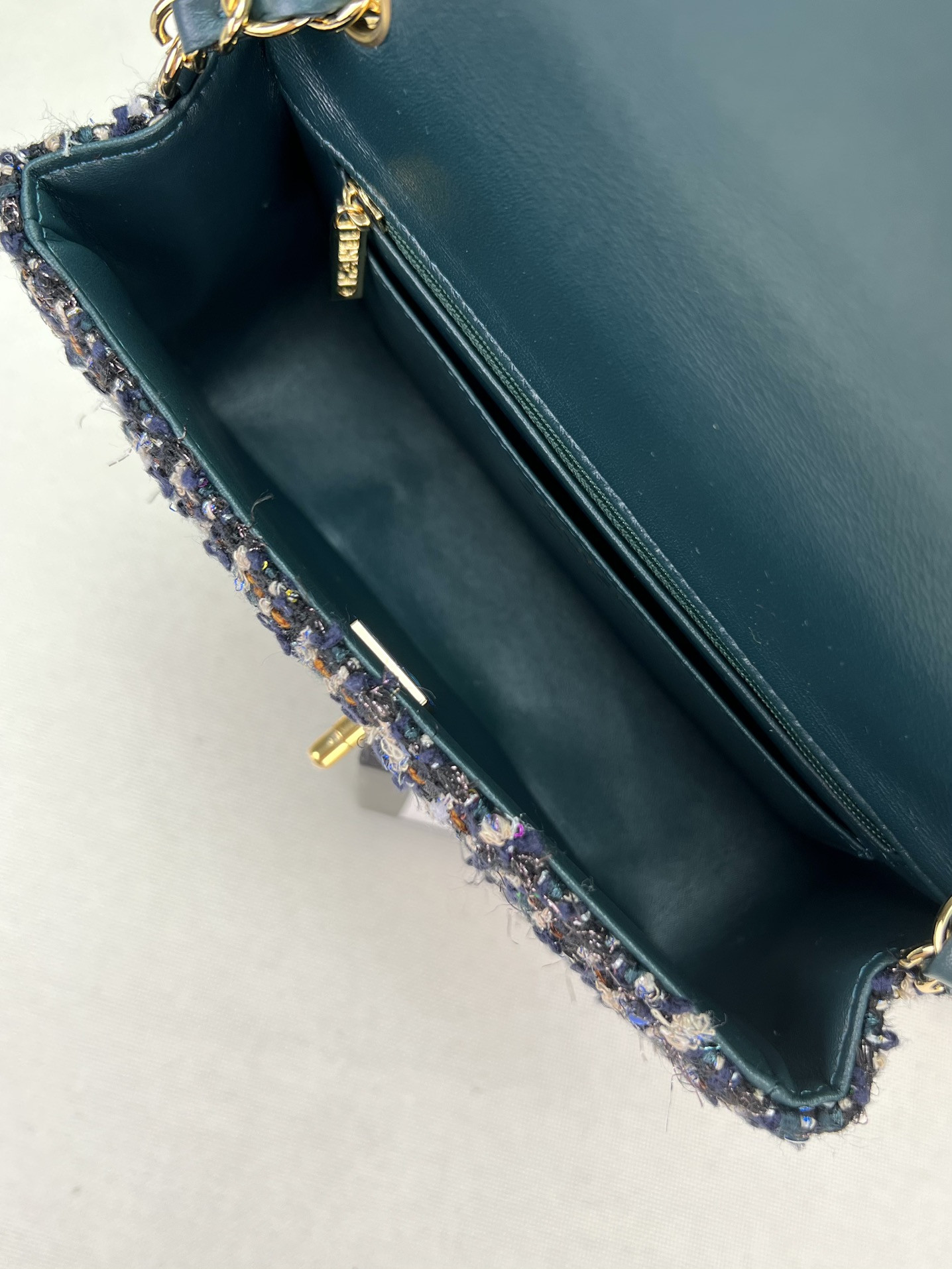 Ch*el mini classic 11.12 handbag tweed & gold-tone metal 4.7 × 7.8 × 2.3 in