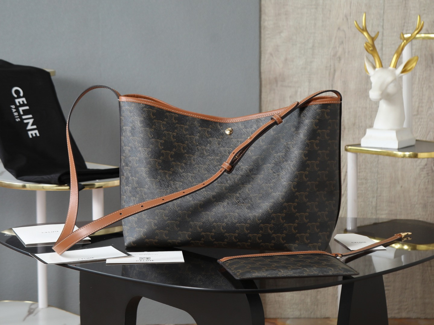 Ce**e soft shopper bag in triomphe canvas and calfskin 32.5x24.5x14cm